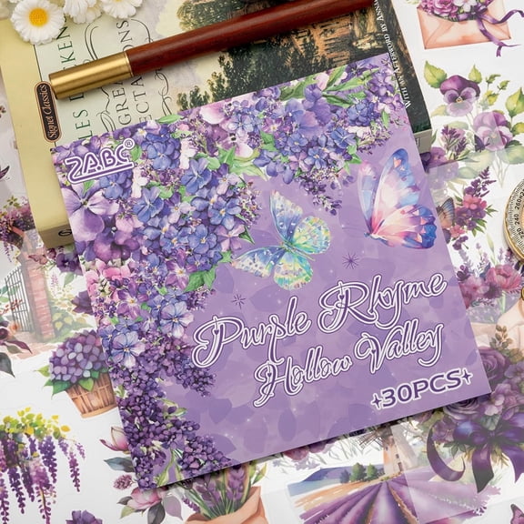 Purple Garden Scene Theme Sticker Scrapbooking Supplies for Junk Journal, 30 Sheets PET Stickers - Vintage Journaling Stickers, Ephemera Sticker Book Pre Cut
