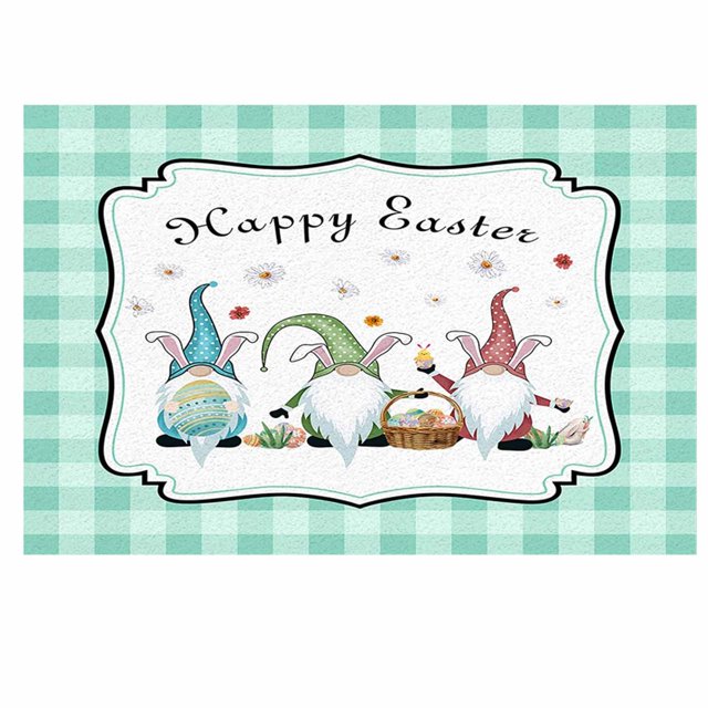 Easter Rugs Easter Buffalo Indoor Doormat, Bunny Leopard Rabbit Non-Slip Bath Rug, Green White Check Plaid Entrance Mats Floor Carpet for Bedroom Kitchen Living Room Bathroom Decor 16x24in