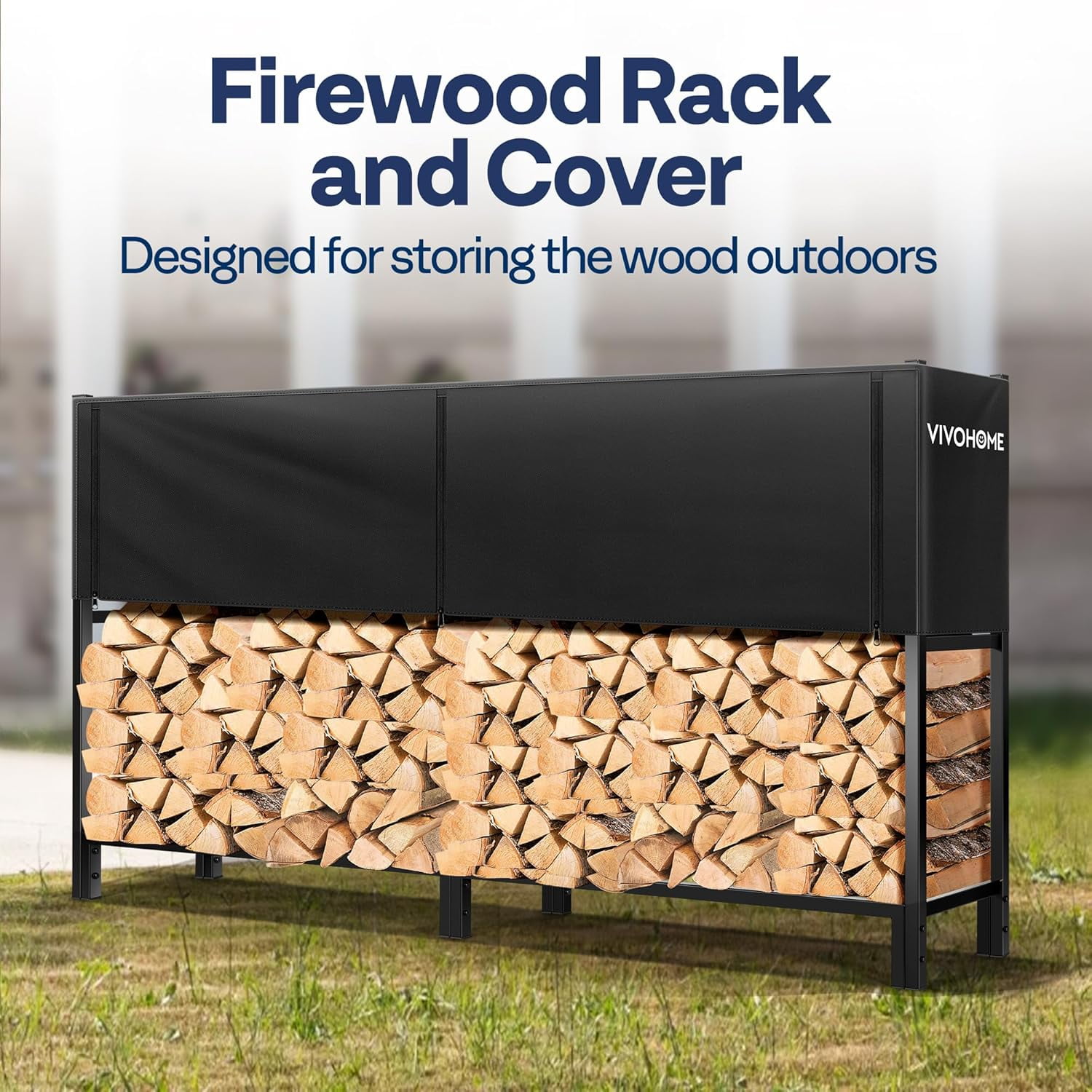 SPECSTAR Upgraded Heavy Duty 8 ft 1/2 Cord Firewood Rack Outdoor with Cover Combo Set, Thick Steel Log Holder Up to 3300 lb, Fire Wood Pile Storage Stand Organizer Black