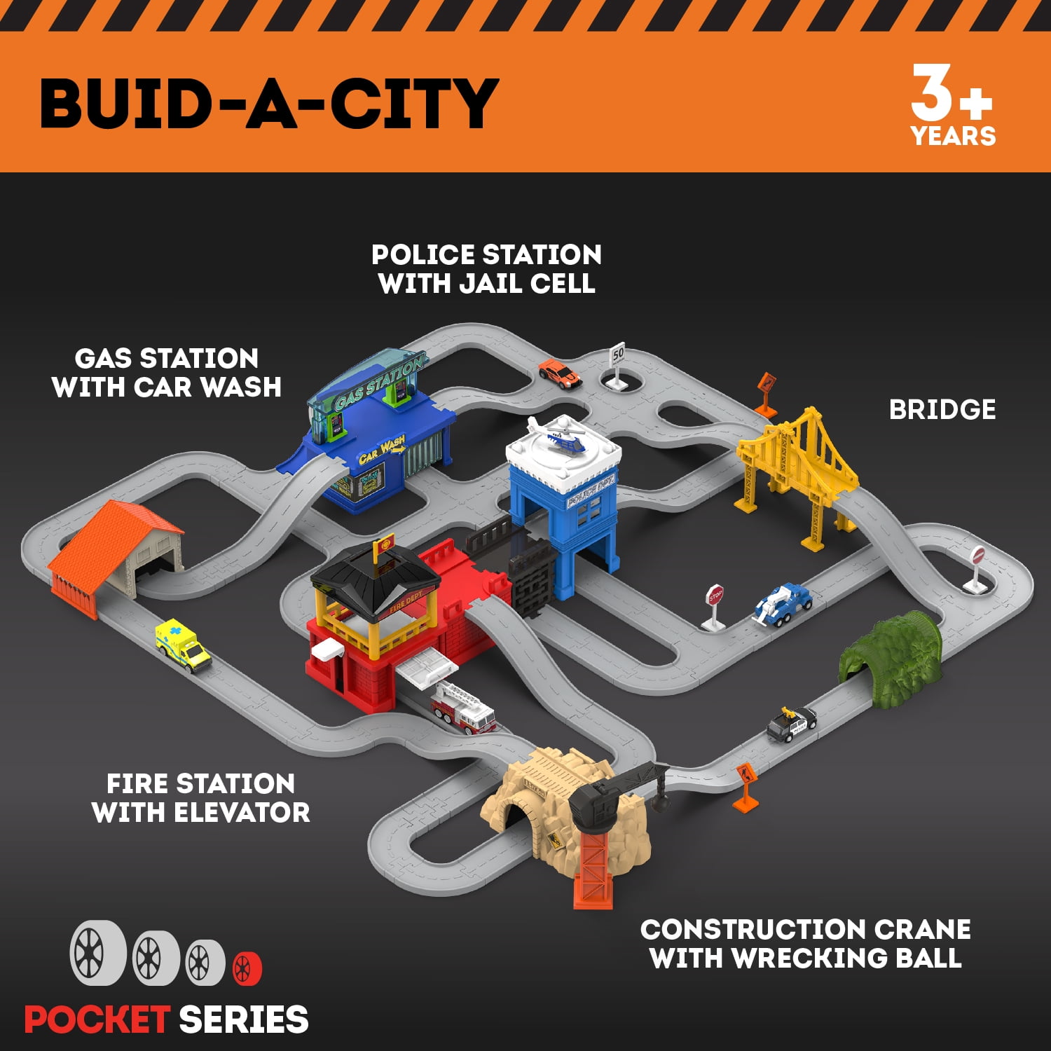 Driven by Battat 129-Piece City Playset with Toy Vehicles and Buildings for Kids 3+ Years Old