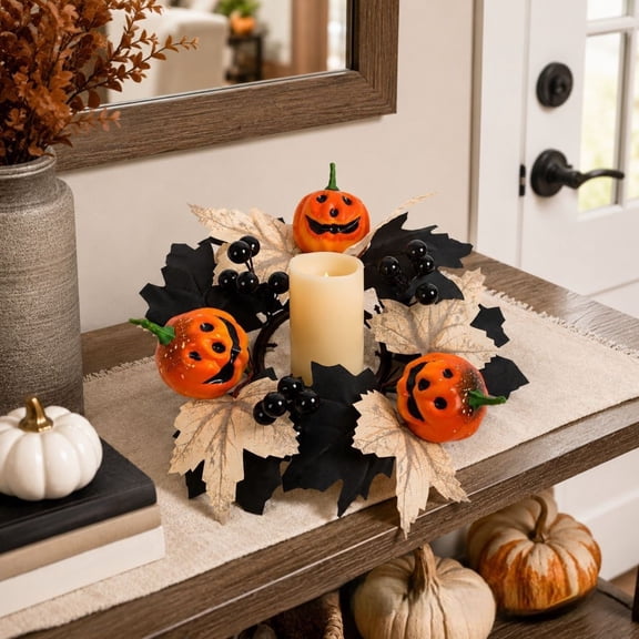 10 Inch Halloween Wreaths for Front Door, Fall Wreath with 3 Pumpkins, Thanksgiving Autumn Decoration for Windows Fireplaces Staircase
