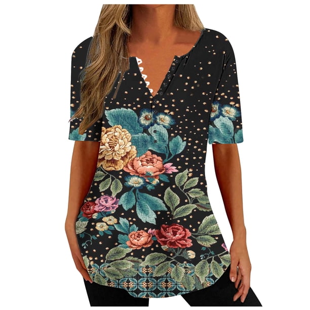 Blusas para las Mujeres Casual Botón de Color Sólido Cuello Redondo Superior, Cómoda Blusa de Moda de Manga Corta