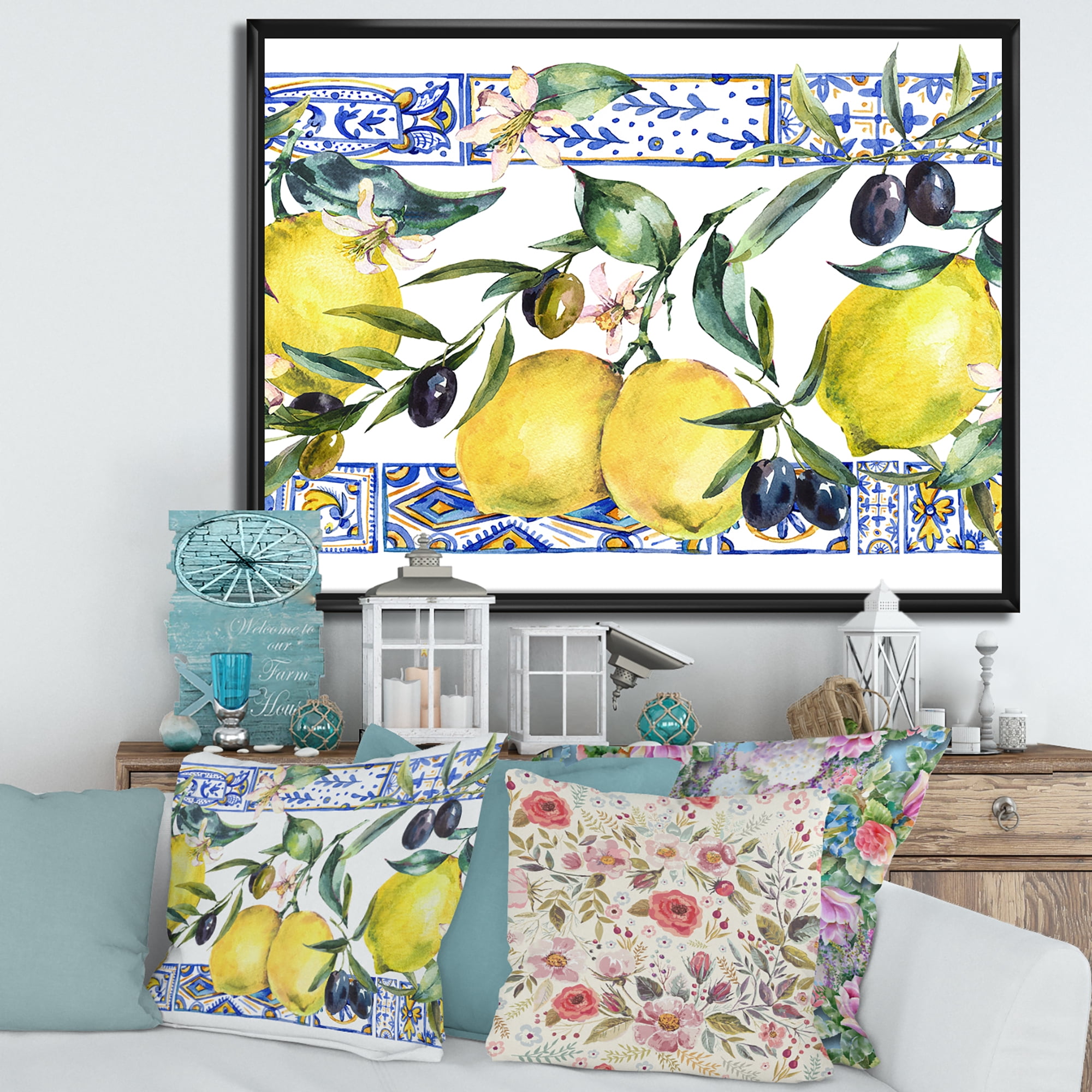 Designart 'Geometrical Pattern of Lemon Ornament On Blue II' Tropical Framed Canvas Wall Art Print