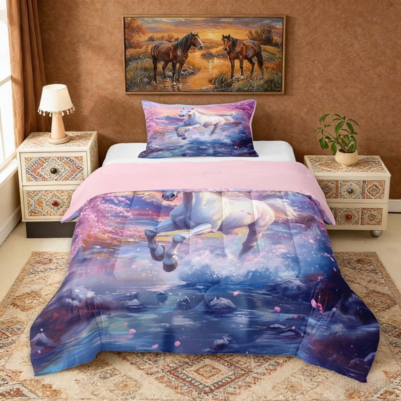 Erosebridal Chic Horse Twin Comforter Sets for Girls, Pink Cherry Blossoms Bedding Set