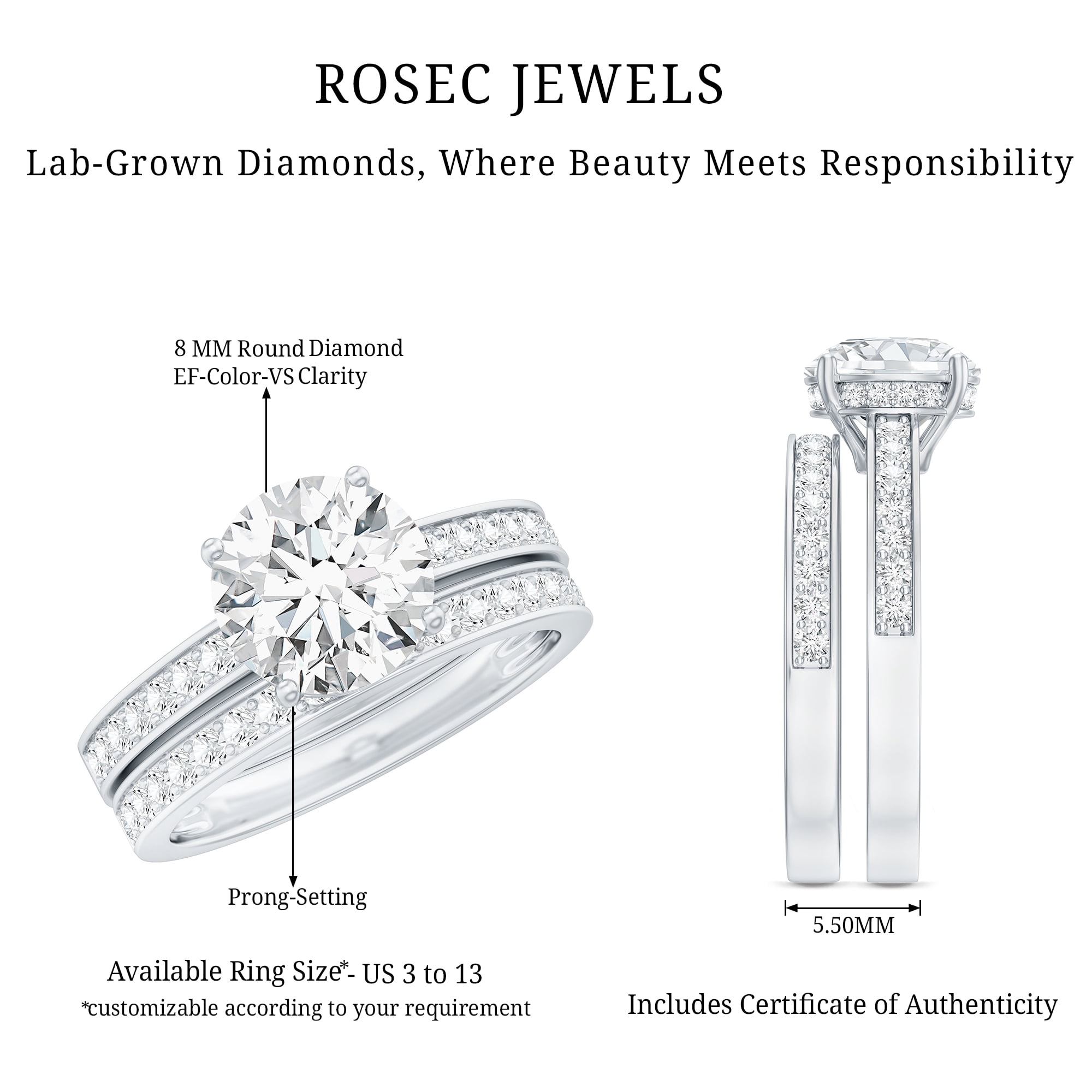 Rosec Jewels Lab Grown Diamond Wedding Engagement Ring Set for Women - 2 Carat Engagement Ring with Band - EF-VS Quality, 10K White Gold, US 7.00