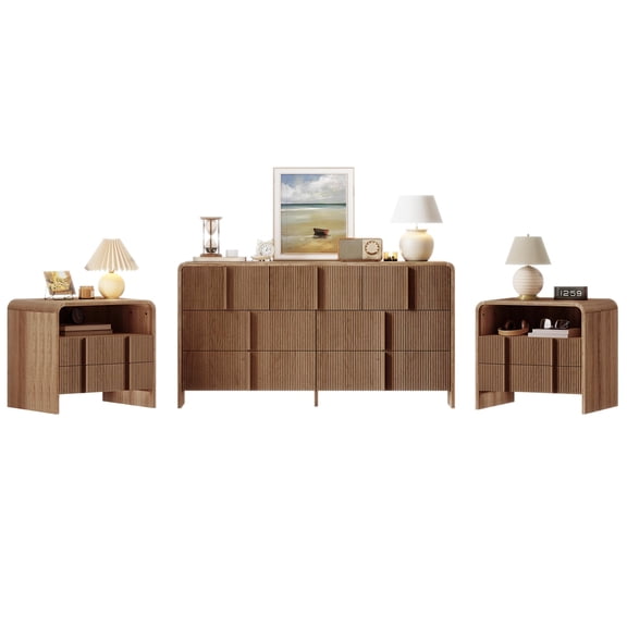Amerlife 3-Piece Modern Fluted Bedroom Set with 62" 7-Drawer Dresser and 2 Nightstands, Walnut