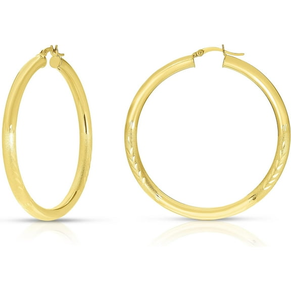 Floreo 10k Yellow Gold 25mm x 4mm High Polish and Satin Finish Round Tube Hoop Earrings