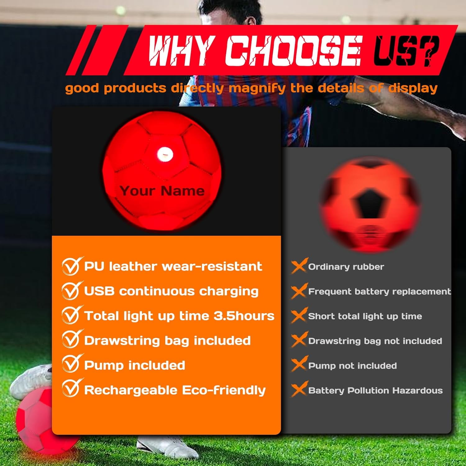Customized Glow in The Dark Soccer Ball, Personalized Rechargeable Light up Indoor Outdoor Soccer Ball with Charging Cable, Pump and Carry Bag | Glowing Soccer Gift for Teens, Adults