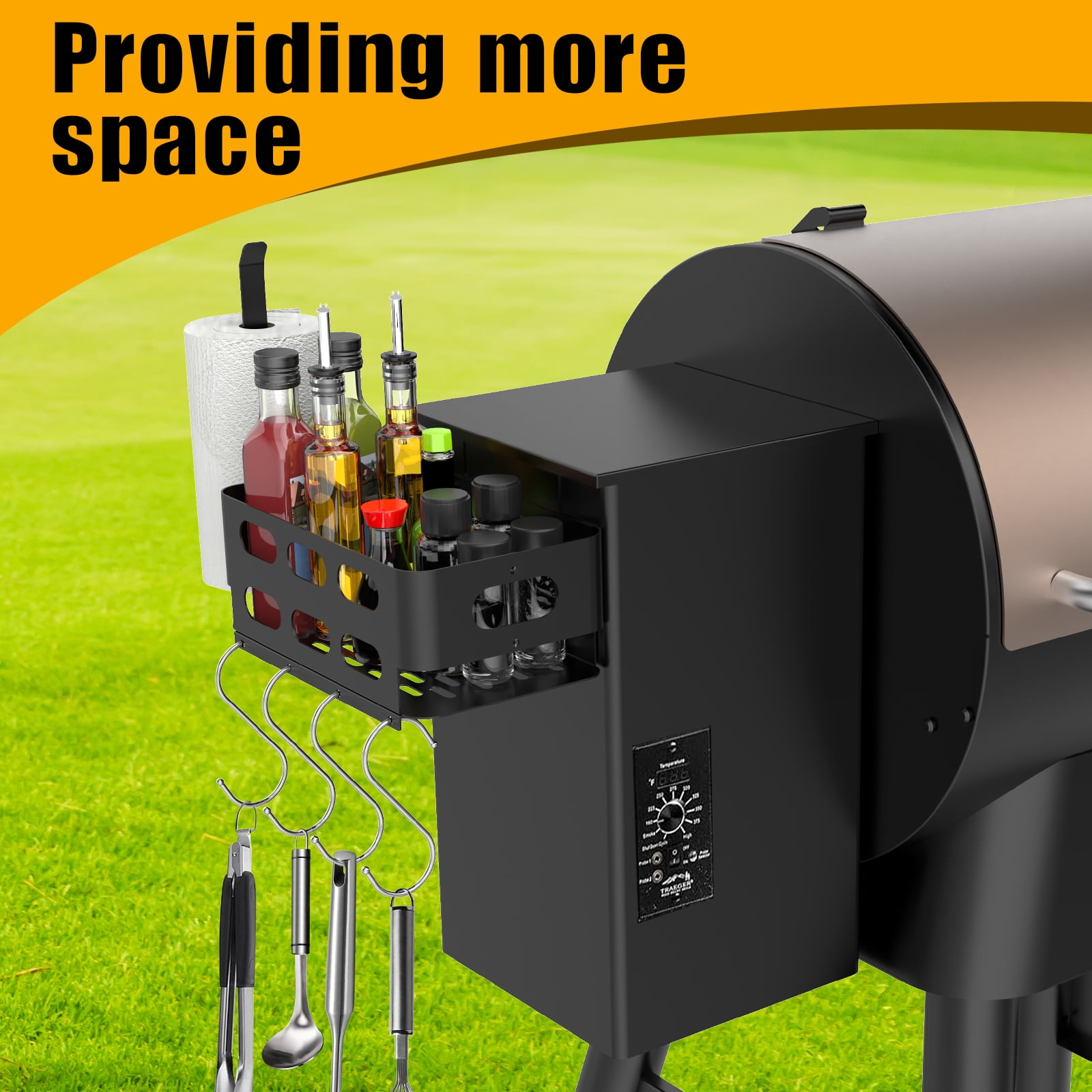 Storage Bin with 4 Hooks and Paper Towel Holder for Traeger Pro 22,  34,  575,  780, Ironwood 650 885, Compatible with Pit Boss &  Z Grill & Other