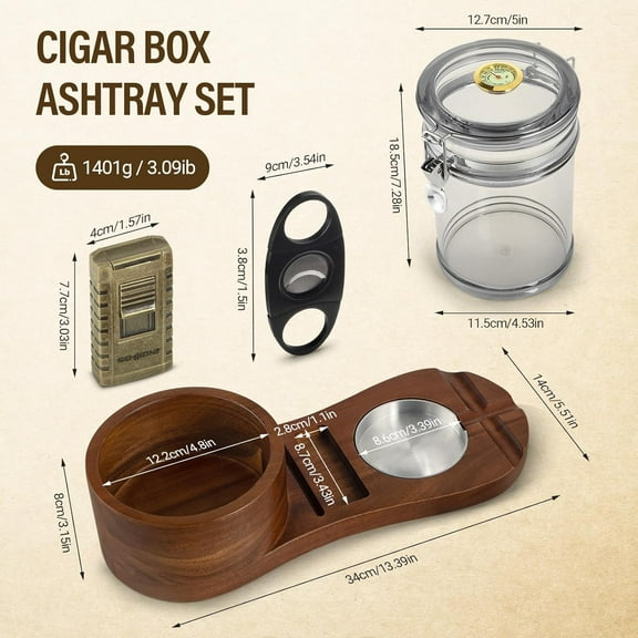 Solid Wood Cigar Humidor with Ashtray, Acrylic Jar,  & Lighter - Holds 18-20 Cigars, Brown