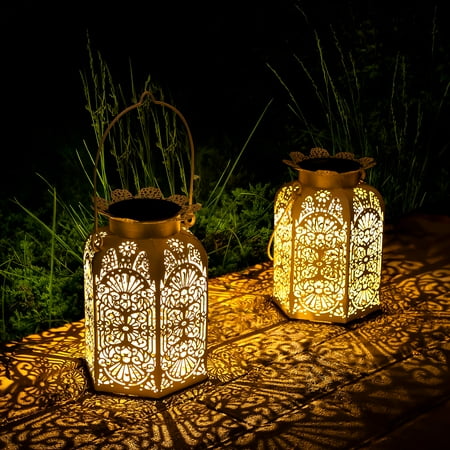 

YUNLIGHTS Solar Lantern 2 Pack Hanging Solar Lights Outdoor Hollow Iron Crafted Illumination Light Photoelectric Sensing Retro Solar Lantern with Solar Panel Carry Handle