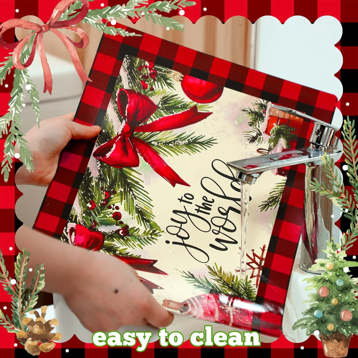 6 Pcs Christmas Watercolor Placemats 12 x 17 Inches Xmas Plastic Placemats Set of 6 Wipeable Table Vinyl Mats for Dining Kitchen Indoor Outdoor Party Holiday Decoration (Let it Snow)