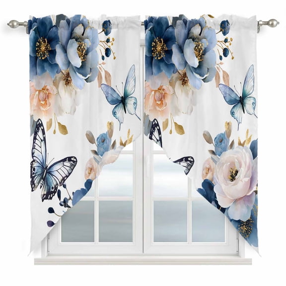 Vintage Blue Floral Swag Curtains for Kitchen/Bedroom/Living Room, Farmhouse Watercolor Flower Butterflies Scalloped Curtains 63 Inch Long, Window Swag Topper Curtains Valances 2 Panels Set 36"x63"