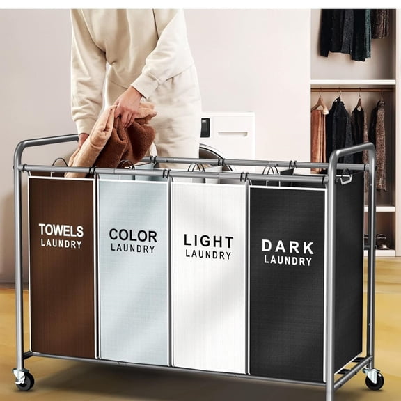 Laundry Hamper Sorter Cart: 4-Section Organizer with Heavy-Duty Lockable Wheels and Removable Bags | 180L Rolling Laundry Basket for Dirty Clothes in Laundry Room or Small Spaces (Multicolor)