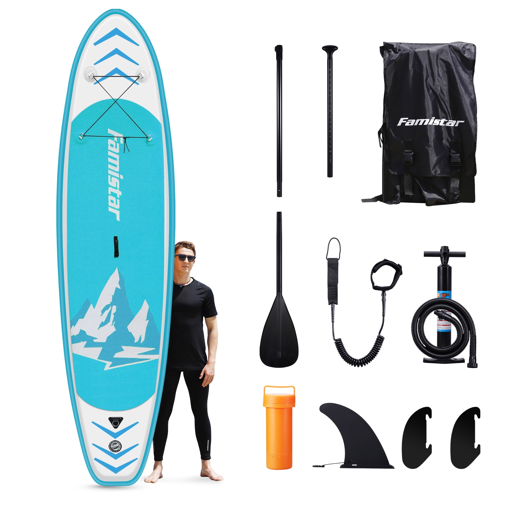 Famistar 12 Ft. Inflatable Stand Up Paddle Board SUP with 3 Fins, Adjustable Paddle, Pump & Carrying Backpack