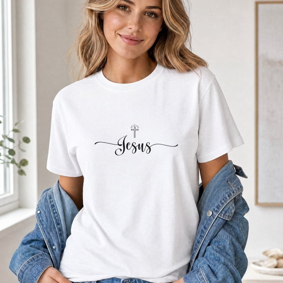 Jollimate Minimalist Jesus Cross Graphic Tee, Christian Script T-Shirt for Women, Religious T-Shirt Gift