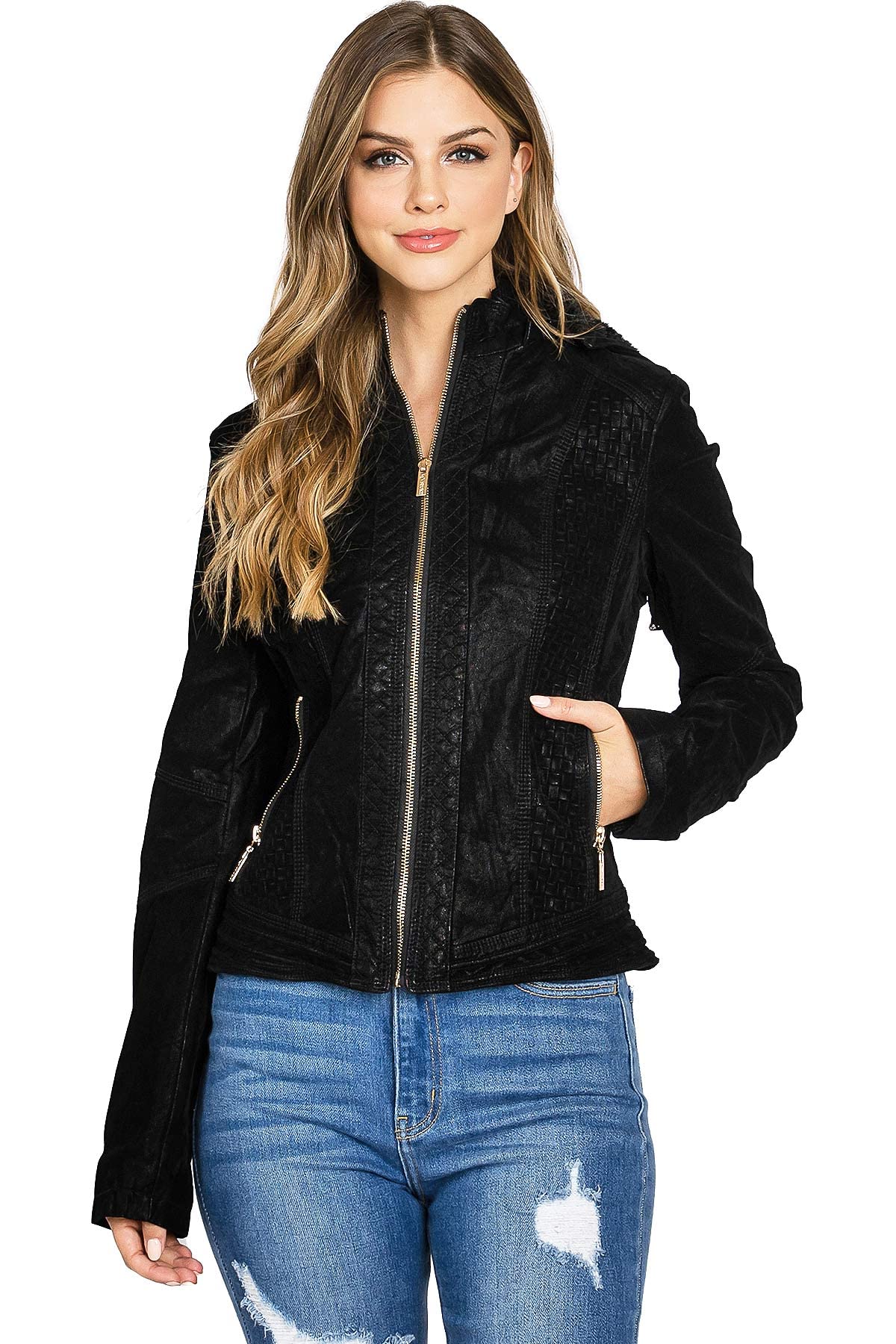 Palomares Women's Juniors Fitted Moto Hooded Faux Leather Jacket (Large, Black)