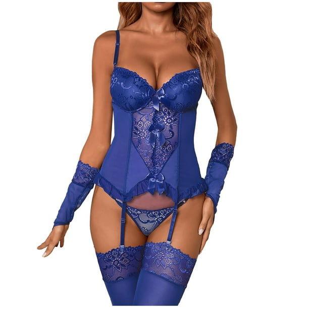 Gibobby Lencería sexy Lencería de malla con estampado de moda para mujer, conjunto de piezas, ropa interior Sexy con calcetines y guantes(Azul XL)