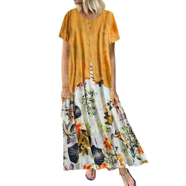 outfmvch Robe Grande Taille pour Femmes Imprimé vintage patchwork Col Rond Manches Courtes Robe maxi Grande Taille Robes d'Automne
