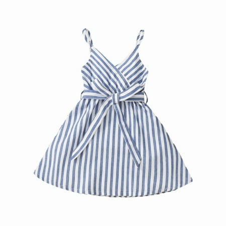 

GWAABD Girls Dressy Dresses Blue Cotton Girls Dress Summer Sleeveless V Neck Stripe Printed with Belt Princess Dress toddler Clothes 130