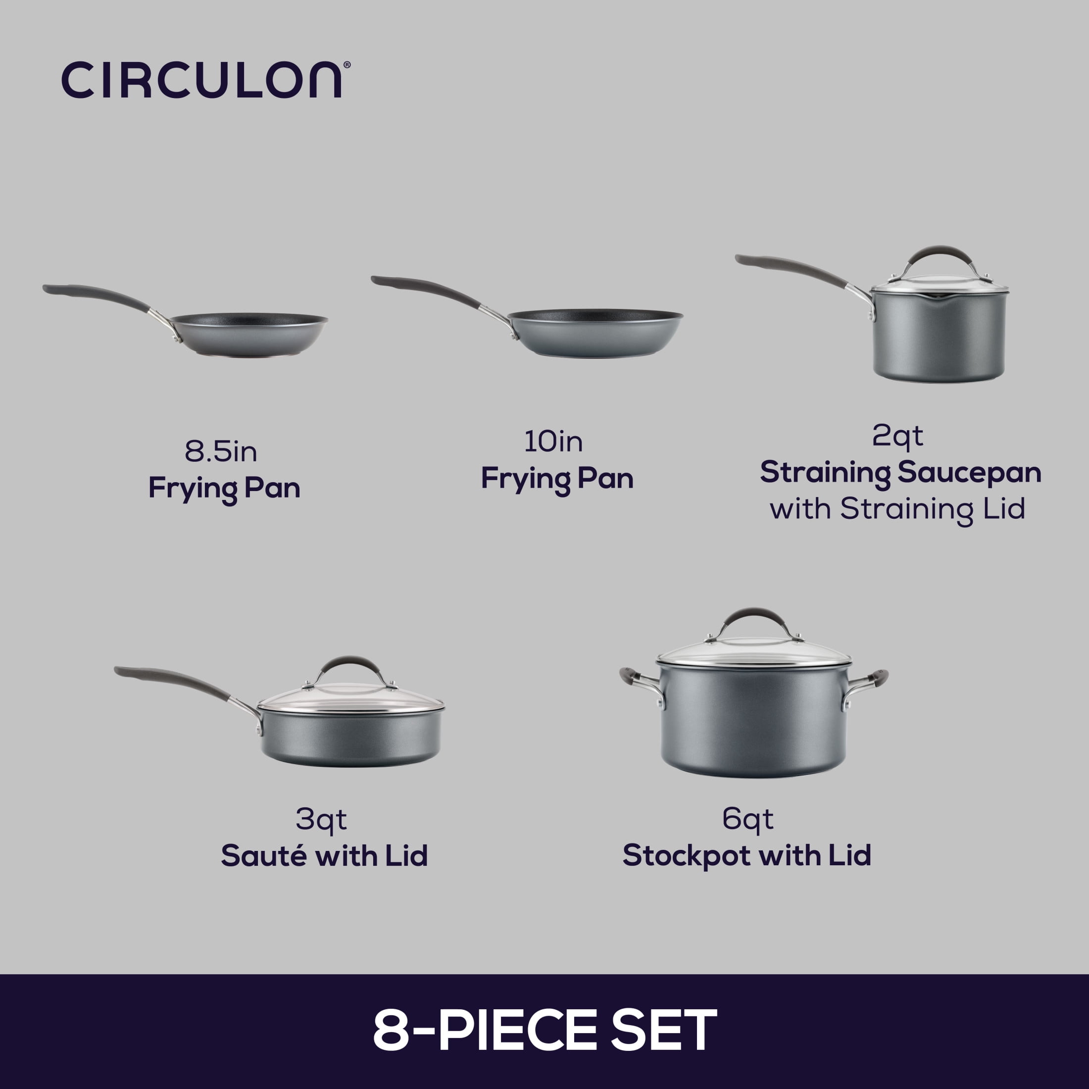 Circulon ScratchDefense 8 Piece Nonstick Induction Pots and Pans Set, Graphite