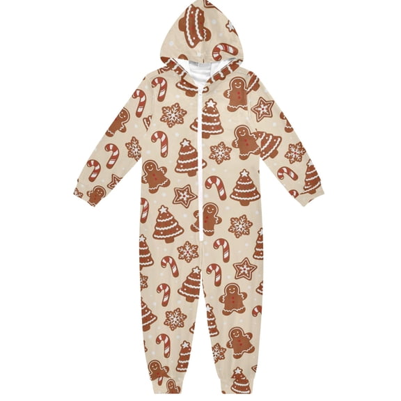 Christmas Gingerbread Man Boys & Girls Hooded One-Piece Pajamas Warm Crystal velvet Hooded Long Sleeve Loungewear Jumpsuit Unisex