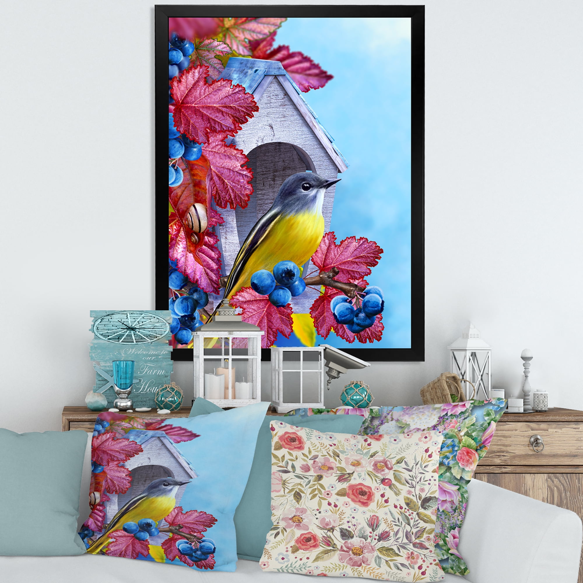 Designart 'Titmouse Bird Sitting On A Berries Branch Near A Birdhouse' Traditional Framed Art Print