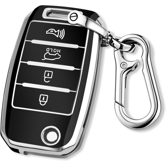 Key Fob Cover Compatible with Kia Optima Soul Sorento Sportage 2013-2017 4 Button Soft TPU Chrome Silver Trim Keychain Case Holder Protector,Black