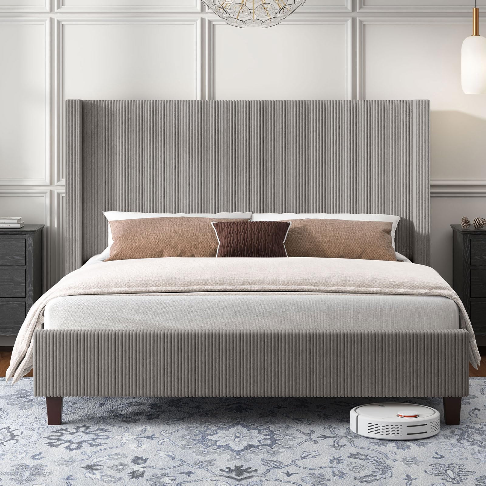 Papajet King Size Upholstered Platform Bed Frame, Wingback Bed with 50.8" Headboard, Corduroy Taupe