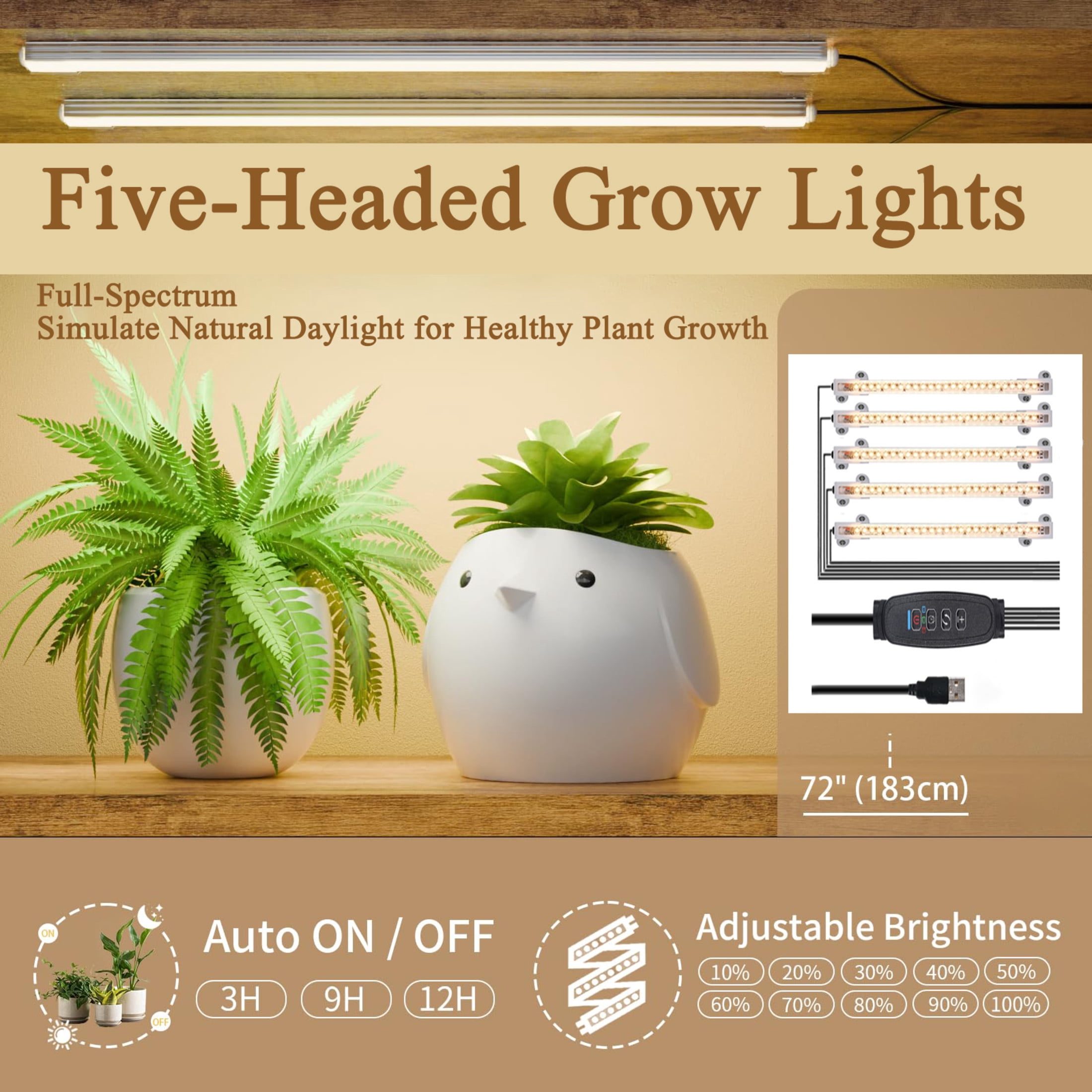 Noble House 62" 8-Tier S-Shaped Indoor Plant Stand, Wood Multi-Plant Display Rack with 5 Grow Lights, Rustic Brown