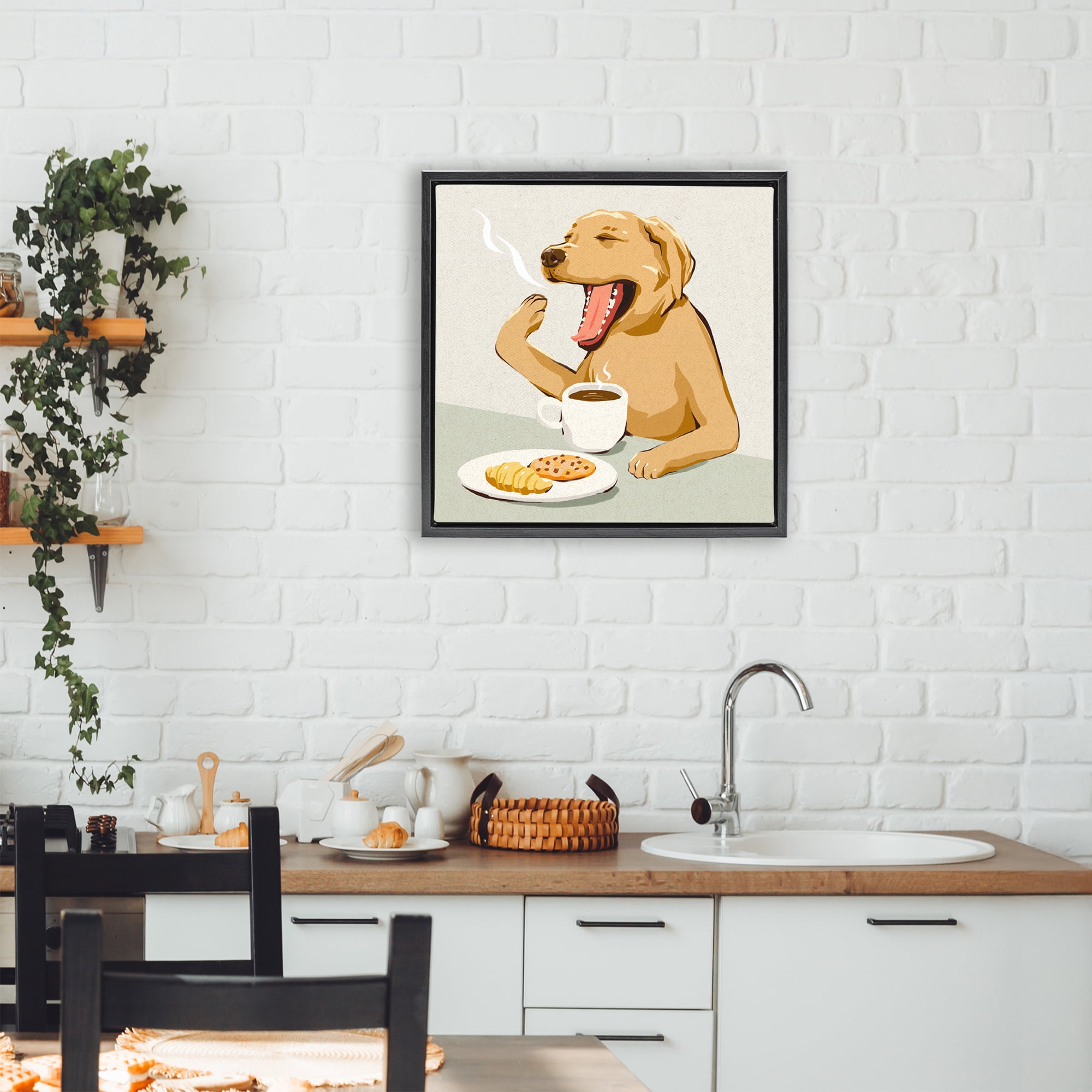 Stupell Industries Yawning Dog Morning Coffee Black Framed Floater Canvas Wall Art, design by Ziwei Li