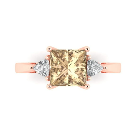 2.32 ct Princess Cut Yellow Moissanite 3 Stone 14K Rose Gold Womens Engagement Ring