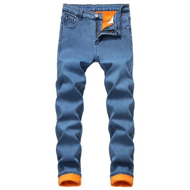 Daeful Mens Denim Pants Mid Waist Trousers Office Zipper Solid Color Jeans Light Blue 40