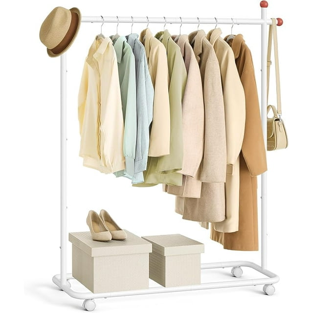 SONGMICS HOME Clothes Rack, Clothes Rail on Wheels, Portable Garment Rack, with 1 Clothes Hanging Rail, Matchstick-Shaped Hooks, Matte White