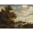 thumbnail image 2 of Jacob Salomonsz. van Ruysdael 24x19 Black Ornate Framed Double Matted Museum Art Print Titled: River Landscape with Fishermen and Cattle, the Grote Kerk of Alkmaar Beyond (1664), 2 of 5