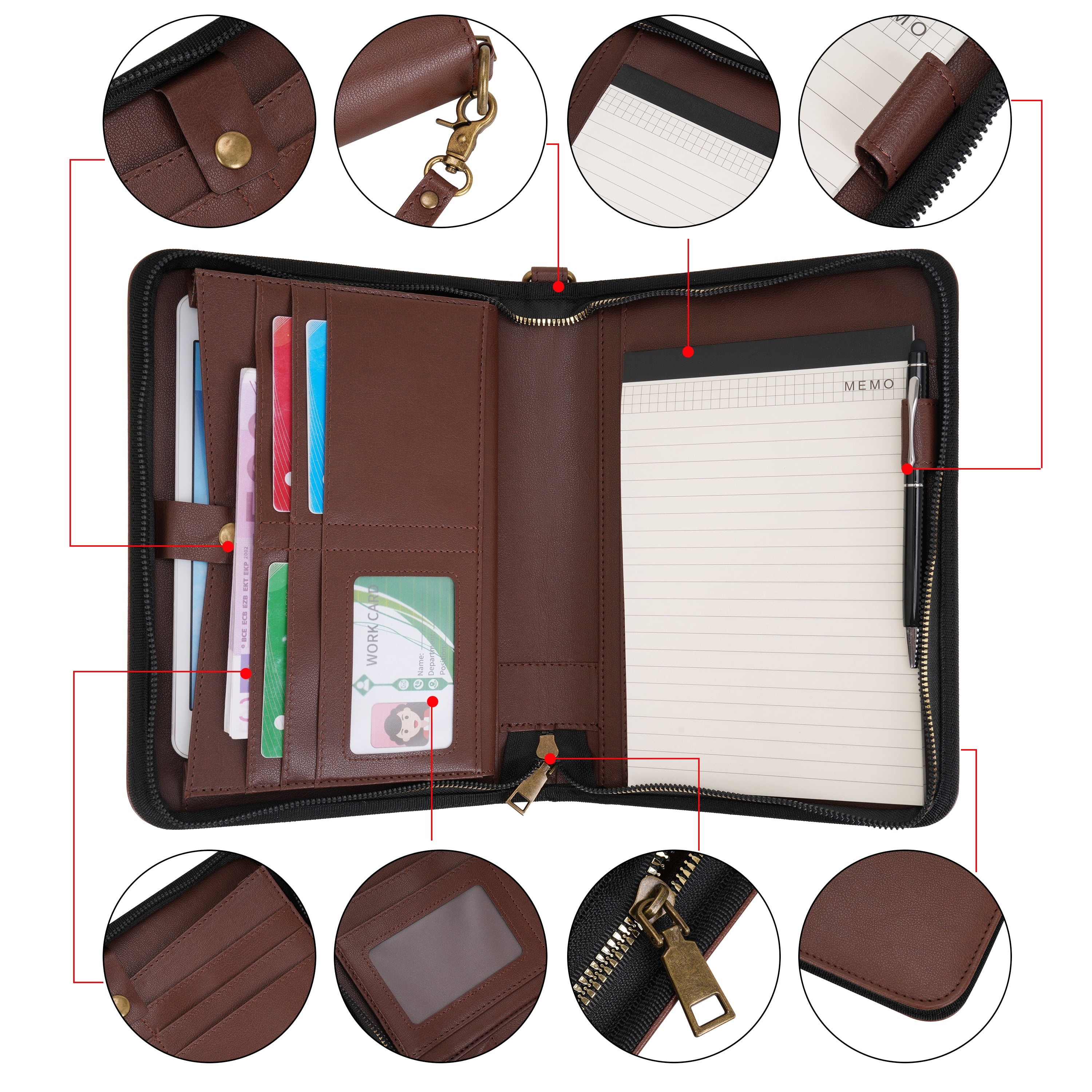 WASON Portfolio A5 Binder Journal with Zipper - Leather pu Writing Notebook Padfolio with Detachable Refillable Notebook, Legal Pad for Business Study and Travel Organizer (Coffee)