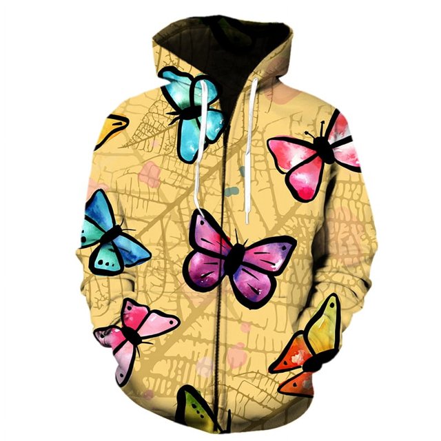 Sudadera con capucha y cremallera con estampado 3D de mariposas de dibujos animados para hombre y mujer, estilo informal, estilo hip hop, Harajuku, novedad de 2024