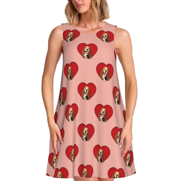 Balery Basset hound dog with paw Vestidos de verano para mujer con estampado: vestido holgado sin mangas, vestido playero informal y cómodo para días calurosos.