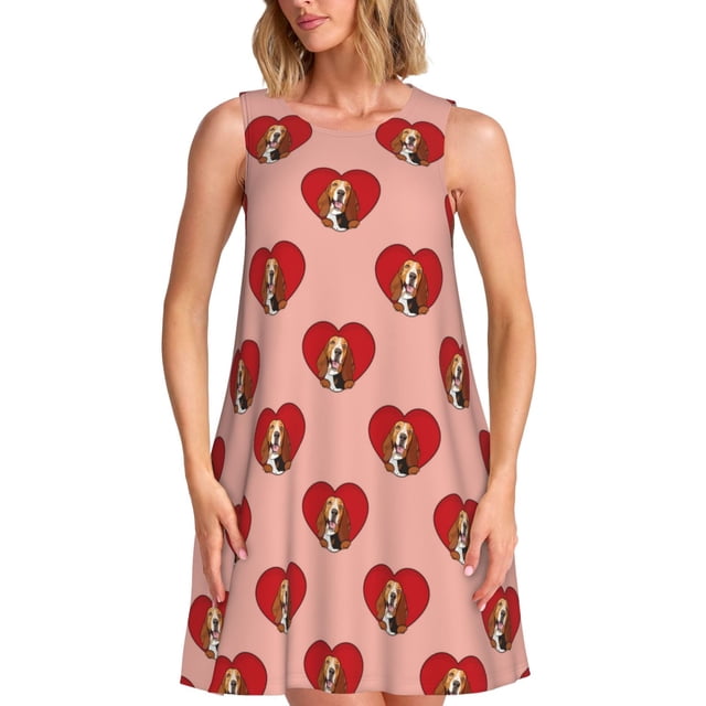 Balery Basset hound dog with paw Vestidos de verano para mujer con estampado: vestido holgado sin mangas, vestido playero informal y cómodo para días calurosos.