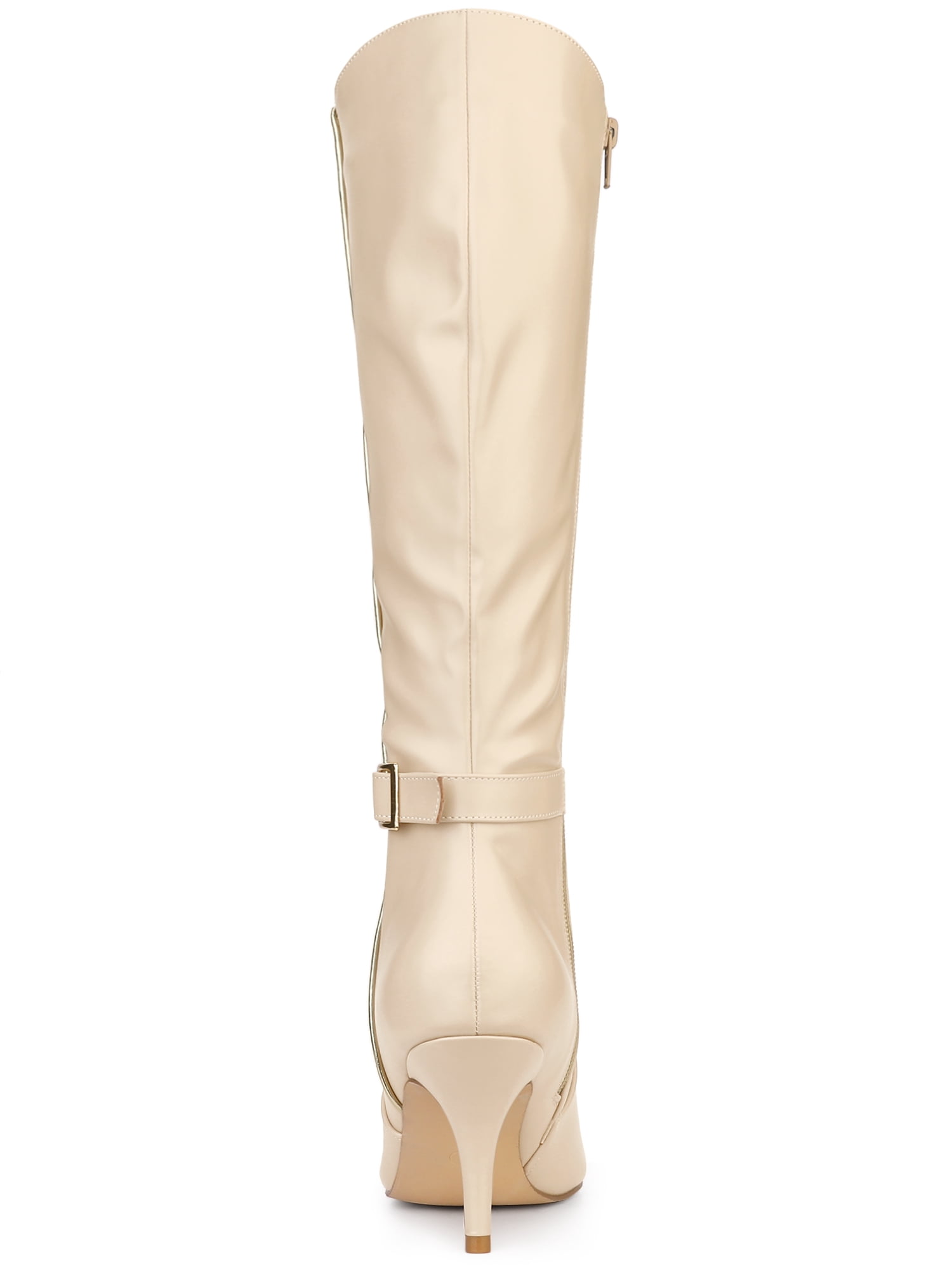 DARING DIVA Women's Pointy Toe Buckle Stiletto Heel Black Knee High Boots Beige 9