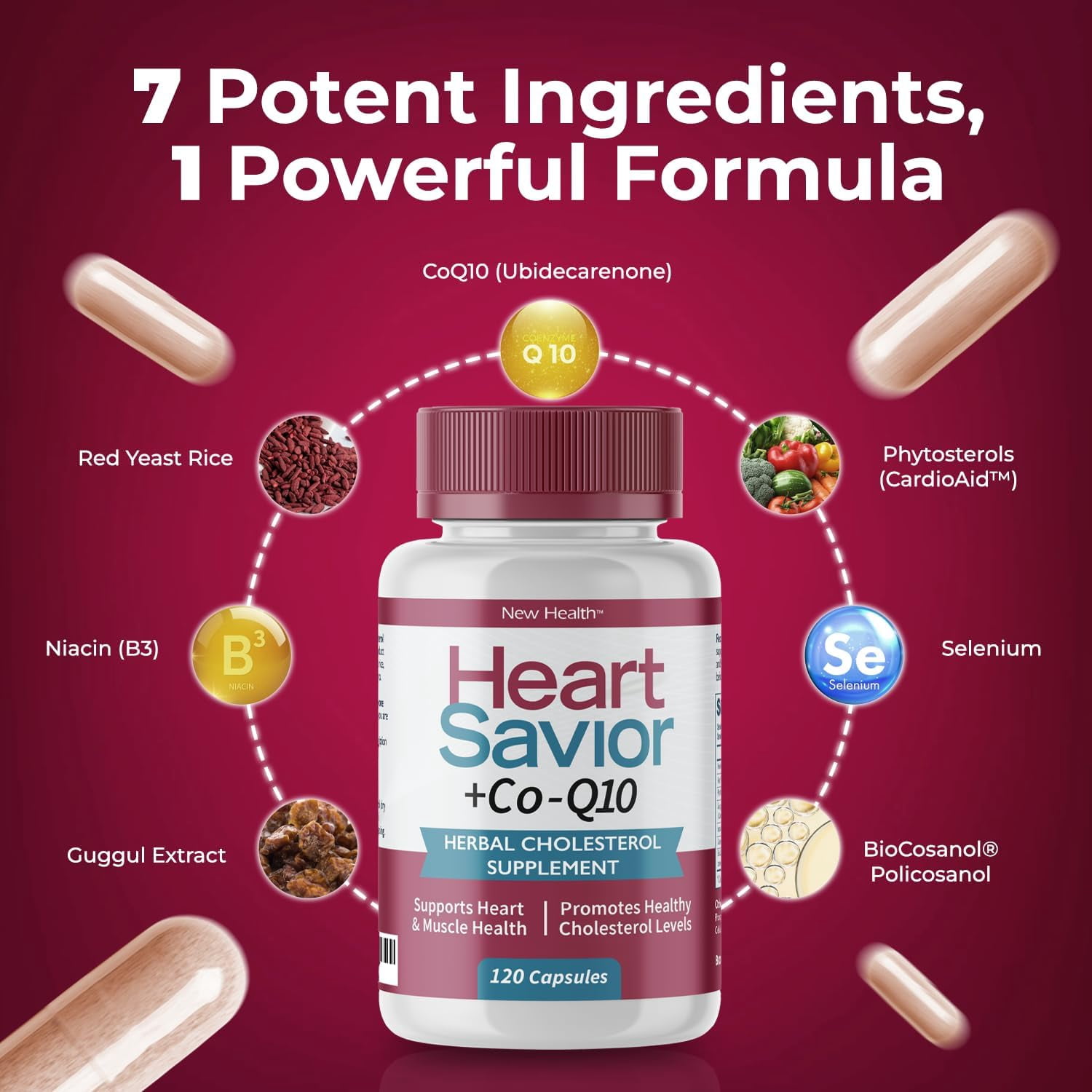 HeartSavior Natural Cholesterol Support Supplement with Red Yeast Rice, CoQ10, Plant Sterols & Niacin Blend - 7-Ingredient Healthy Formula for Men & Women - Made in USA, Non-GMO, (120 Capsules)