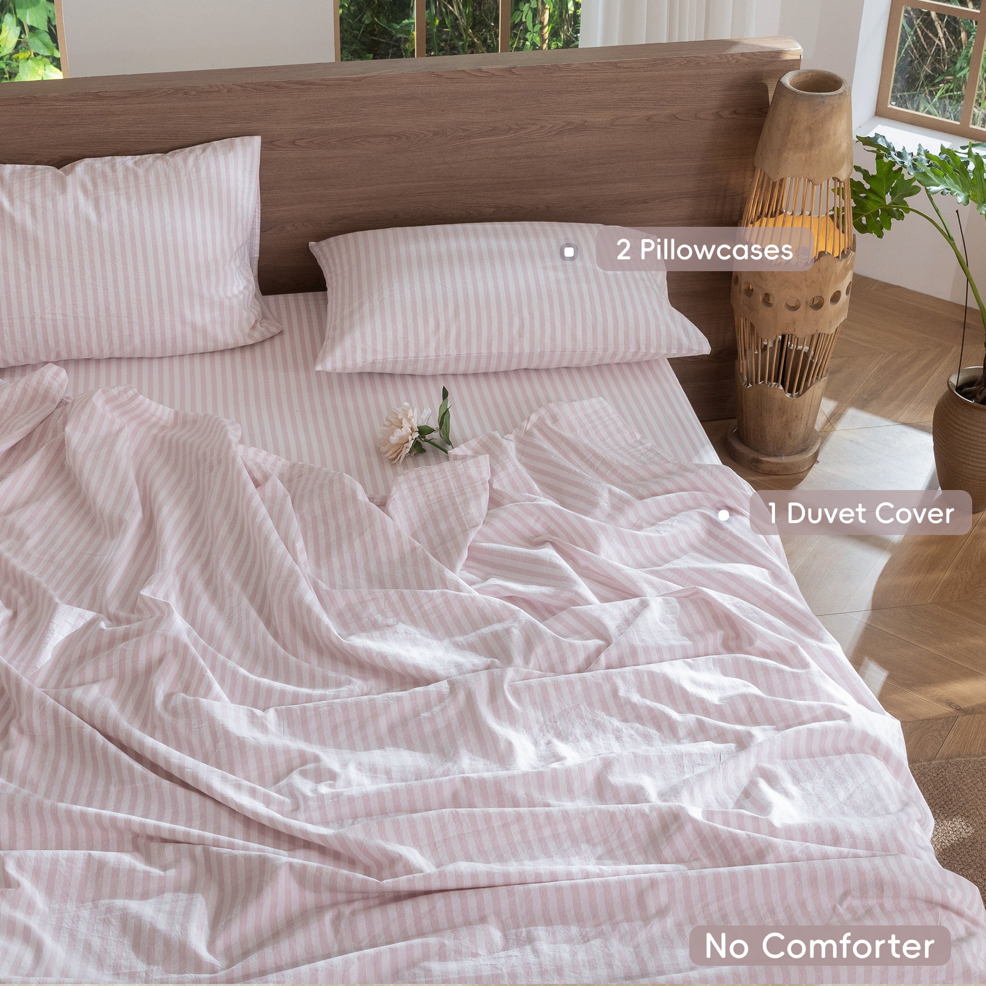 MooMee Striped Duvet Cover Set King 100% Washed Cotton Linen Like Textured Breathable 3-Piece (Greyish Pink& White Classic Stripes, 104"x90")