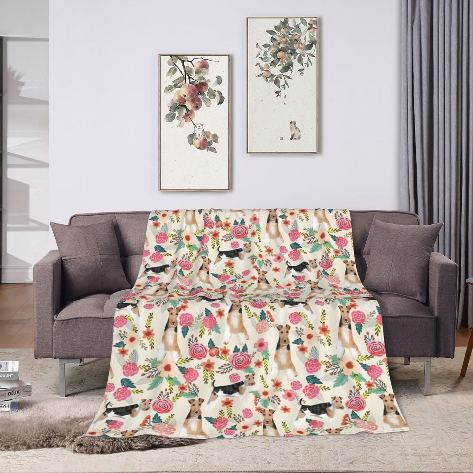 Wijzvio Wire Fox Terrier Dogs Lovers Flower Floral Throw Blanket Soft Fuzzy Fleece Blanket For Couch Bed Living Room Decoration 60"X50"