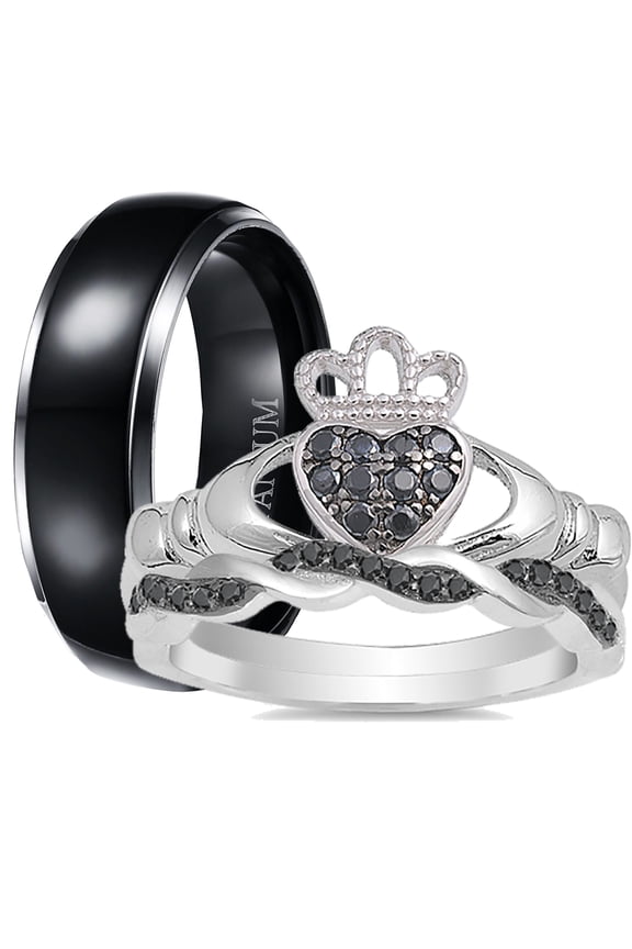 His Hers CZ Wedding Ring Set Sterling Silver Black Titanium Wedding Bands Him Her 5/12