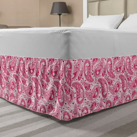 Hippie Bed Skirt, Abstract and Vintage Leaves Bohemian Oriental Motif in Pink Shades, Elastic Bedskirt Dust Ruffle Wrap Around for Bedding Decor, 4 Sizes, Magenta and White, by Ambesonne