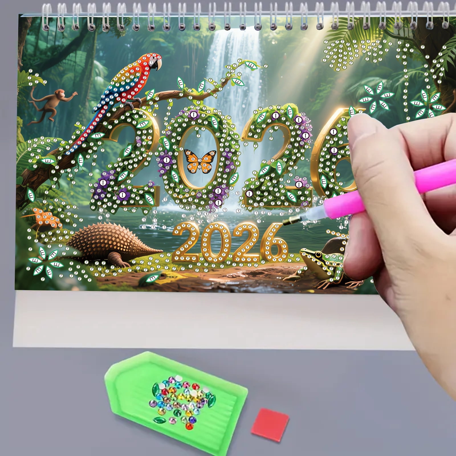 FLOPESN 2Pcs 2026 Desk Calendar DIY Diamond Painting Craft Kit – Complete Paper Calendar with Special Drills, Holiday Wreath & Gnome Themes for Home Office Decor
