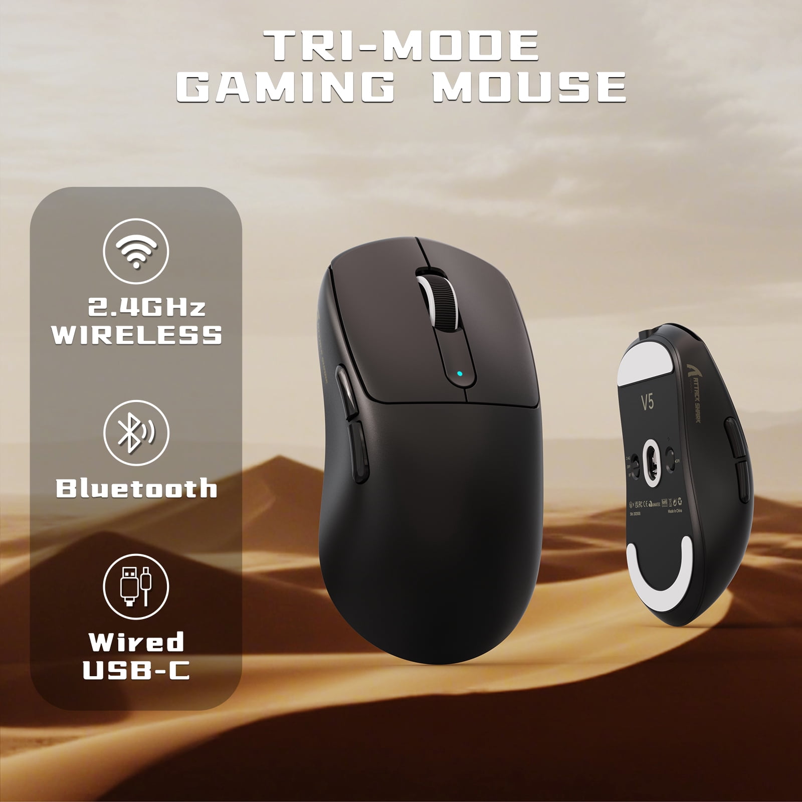 ATTACK SHARK V5 Wireless Gaming Mouse, Tri-Mode 2.4G/USB-C Wired/Bluetooth, PAW3950MAX Sensor, 42000 DPI, 55g Ultra-Lightweight Design, Nordic 52840 MCU, Black