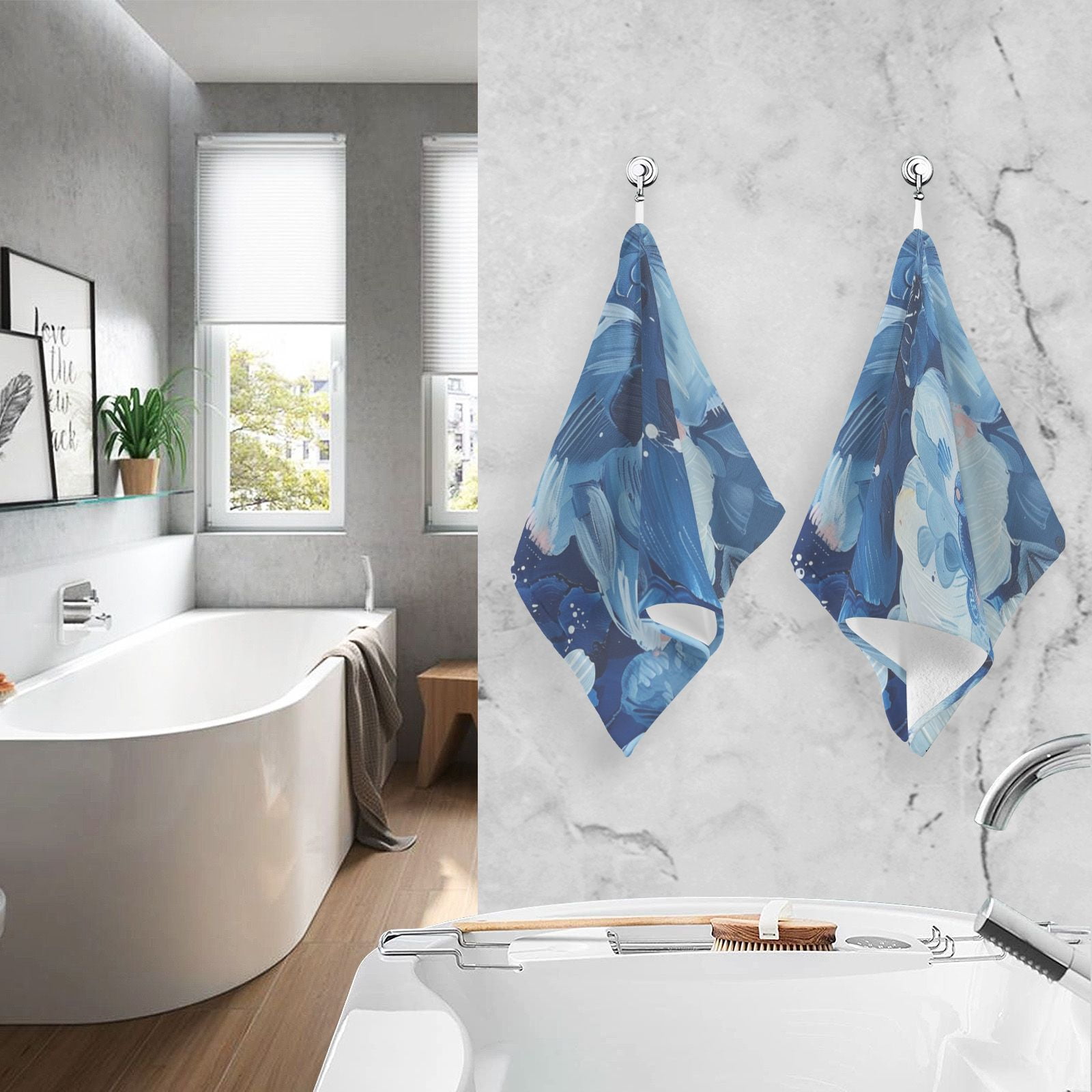 Blue Floral Hand Towels Cotton Bath Towels Large Face Towels Absorbent for Bathroom 2 Packs