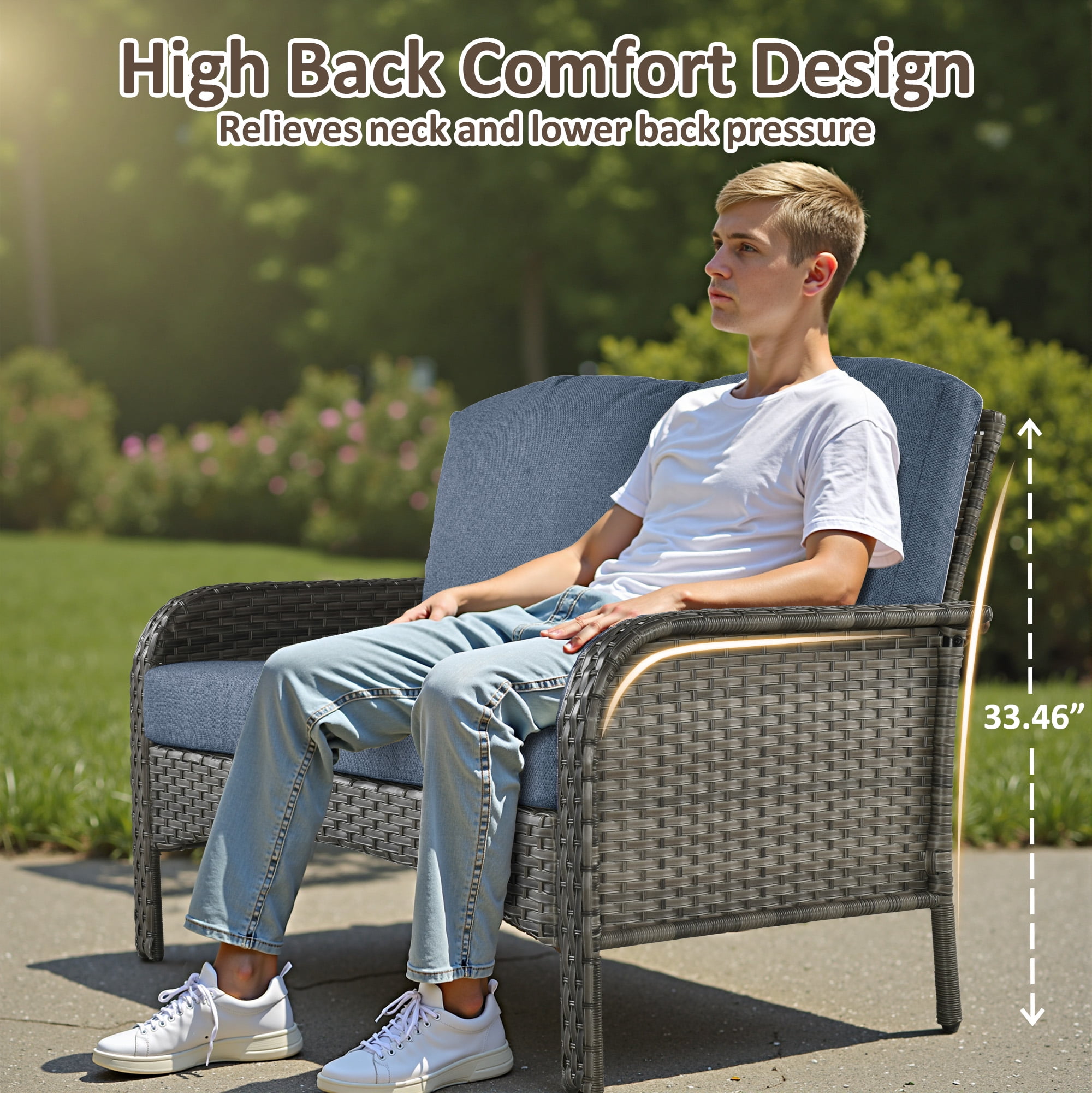 Toject Patio Furniture Set, 7 Pieces Outdoor Furniture Wicker Patio Conversation Set with Swivel Chairs, High Back Outdoor Chairs Loveseat for Backyard, Garden, Denim Blue
