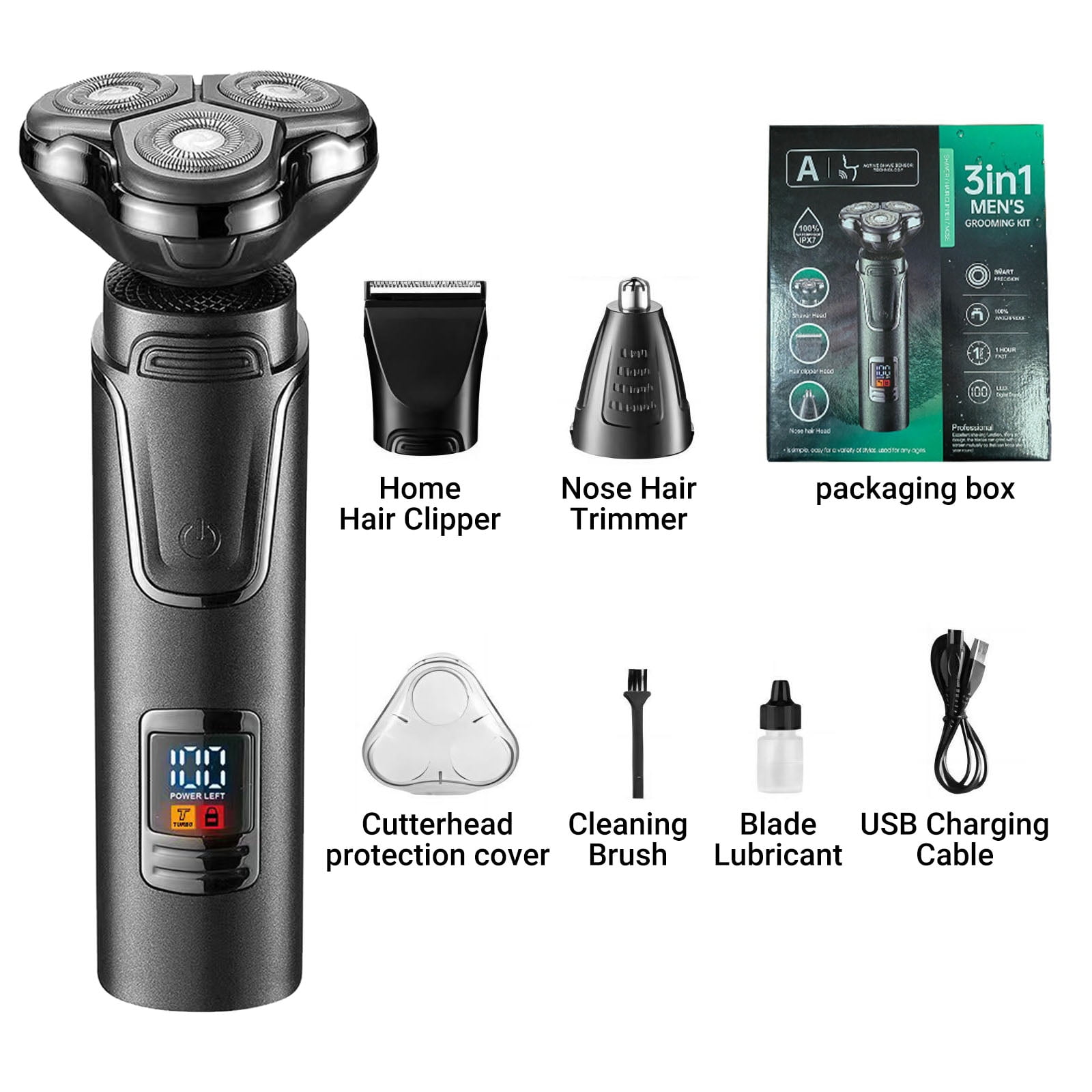 OCTMOM Electric Shavers for Men, 3-in-1 Cordless Beard Trimmer, Nose Hair Razor, Waterproof  for Wet Dry Use, Black
